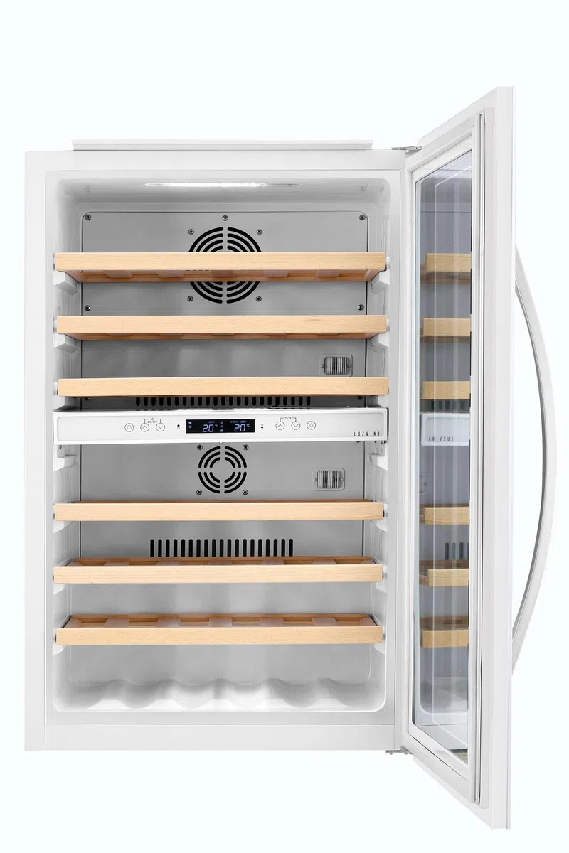 LV42W Weißer Einbau-Weinkühlschrank - Weinklimaschrank mit 2 Zonen, Vollglas-Designtür, 42 Flaschen, einstellbare Zonen von 5-20°C, Kompressorkühlung, 41dB, RVS-Handgriff