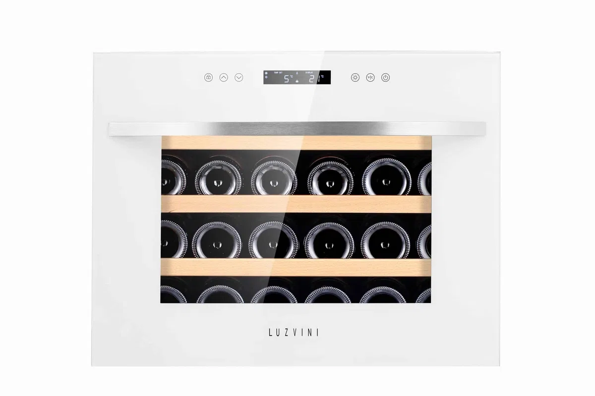 LV22W Weißer Einbau-Weinkühlschrank - 2 Zonen - Vollglas-Designtür, 22 Flaschen, 41 dB, 60 cm breit und 3 ausziehbare Schubladen aus Buchenholz