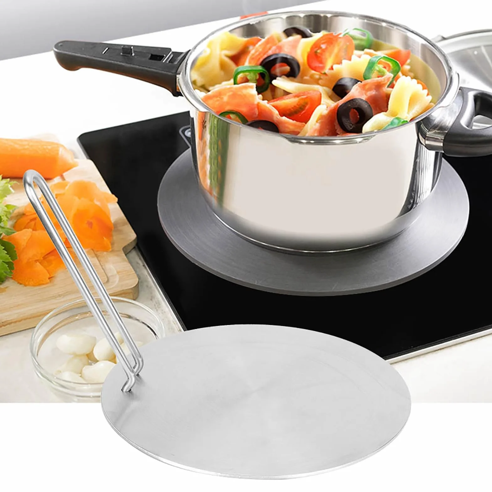 Hitze Diffusor,Platte Edelstahl Hitze Diffusor,Kochen Induktion Platte Adapter,Konverter mit abnehmbarem Griff für Gas Elektroherd Platte Kochzubehör (22cm)