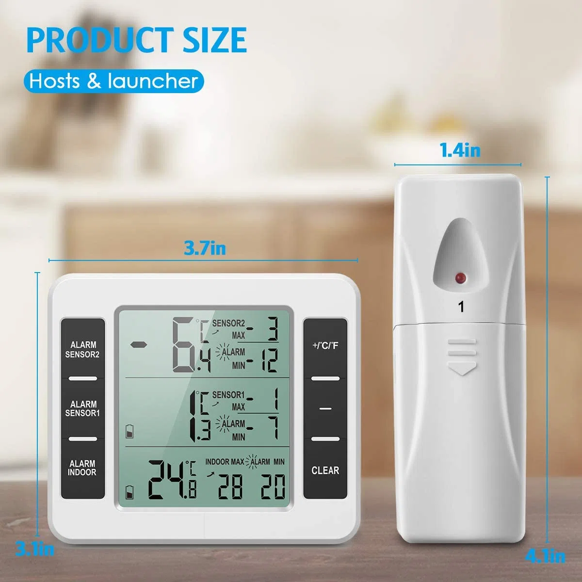 Brifit Kühlschrank Thermometer, Gefrierschrank Thermometer mit 2 Sensoren, Digital Luftfeuchtigkeit für Gefrierschrank mit Temperatur Alarm, MIN/MAX, Temperaturtrendanzeige Pfeil