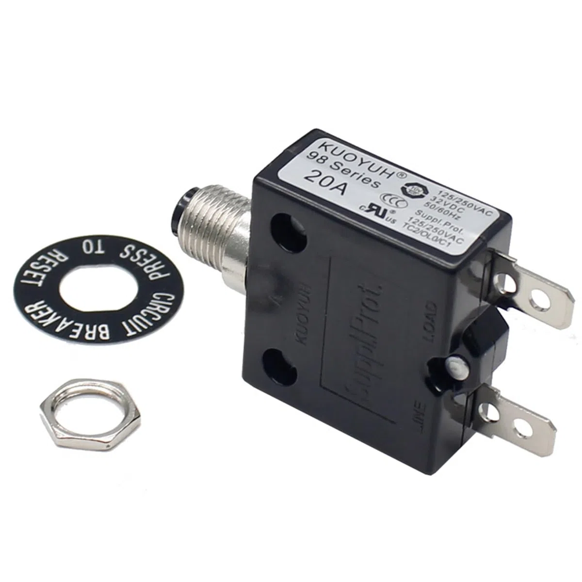 1 x KUOYUH 98 Serie 125/250VAC 32V DC 50/60Hz Druckknopf Manuelle Reset Thermo-Überlastungsschutzschalter mit transparenter, wasserdichter Staubkappe 3-70A (20A 1pc)