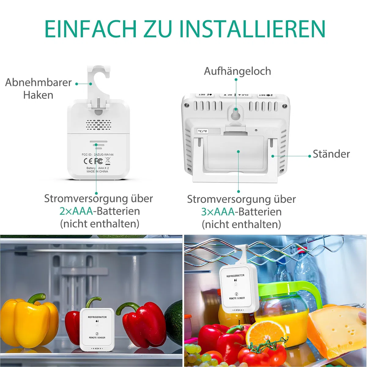 ORIA Digitales Kühlschrankthermometer, Gefrierschrank Refrigerator Thermometer mit 2 kabellosen Sensoren, 3,7" Bildschirm, 2 Alarmmodi (Symbol/Klang), ℃/℉, Min/Max-Wert, für Zuhause, Restaurants