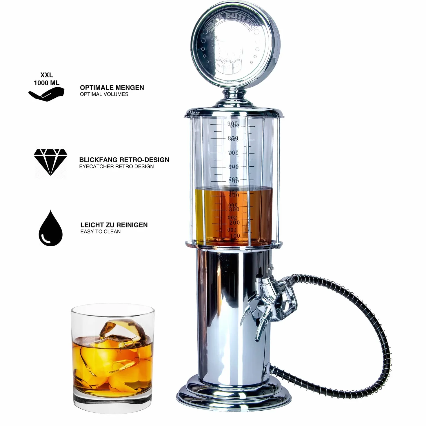 Retro Getränkespender im verchromten Nostalgie Design | Bar-Butler Zapfsäule mit Zapf-Schlauch für Party Getränke Dispenser Biertower Bierspender Zapfanlage Biersäule Schanksäule | Party Gadgets