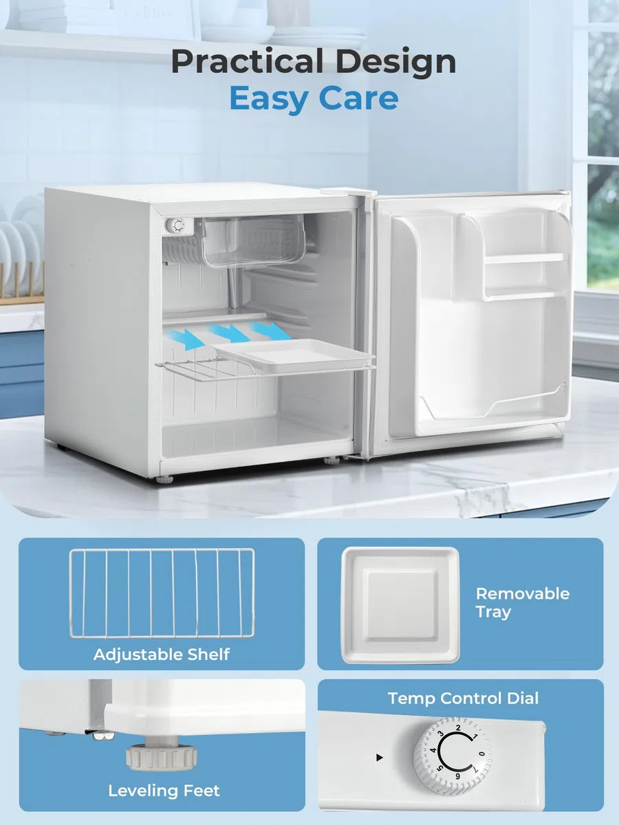FOHERE Mini Kühlschrank 46L, Kleiner Kühlschrank mit 7-Stufige Kühlung, Energieeffizienter, Superleise, Wechselbarer Türanschlag & Verstellbare Füße, für Hotel, Büro, Kleine Wohnungen,Weiß