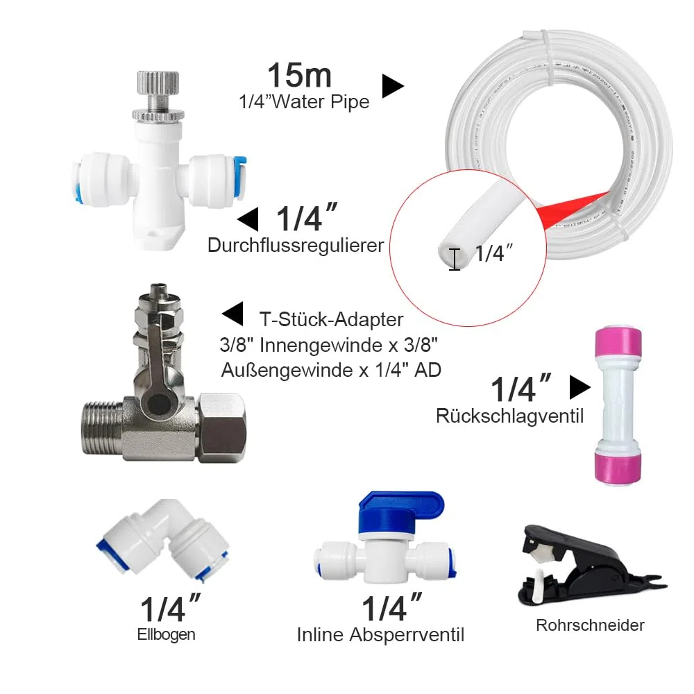 Universal Wasseranschluss-Set für Umkehrosmose-Systeme,Wasserfilter,Kühlgeräte,15M 1/4" AD Schlauch mit T-Stück-Adapter,Absperrventil, Ellbogen,Durchflussbegrenzer,Rückschlagventil,Schlauchcutter