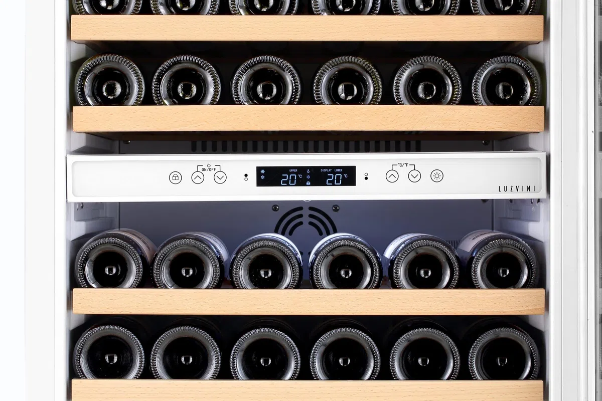 LV42W Weißer Einbau-Weinkühlschrank - Weinklimaschrank mit 2 Zonen, Vollglas-Designtür, 42 Flaschen, einstellbare Zonen von 5-20°C, Kompressorkühlung, 41dB, RVS-Handgriff